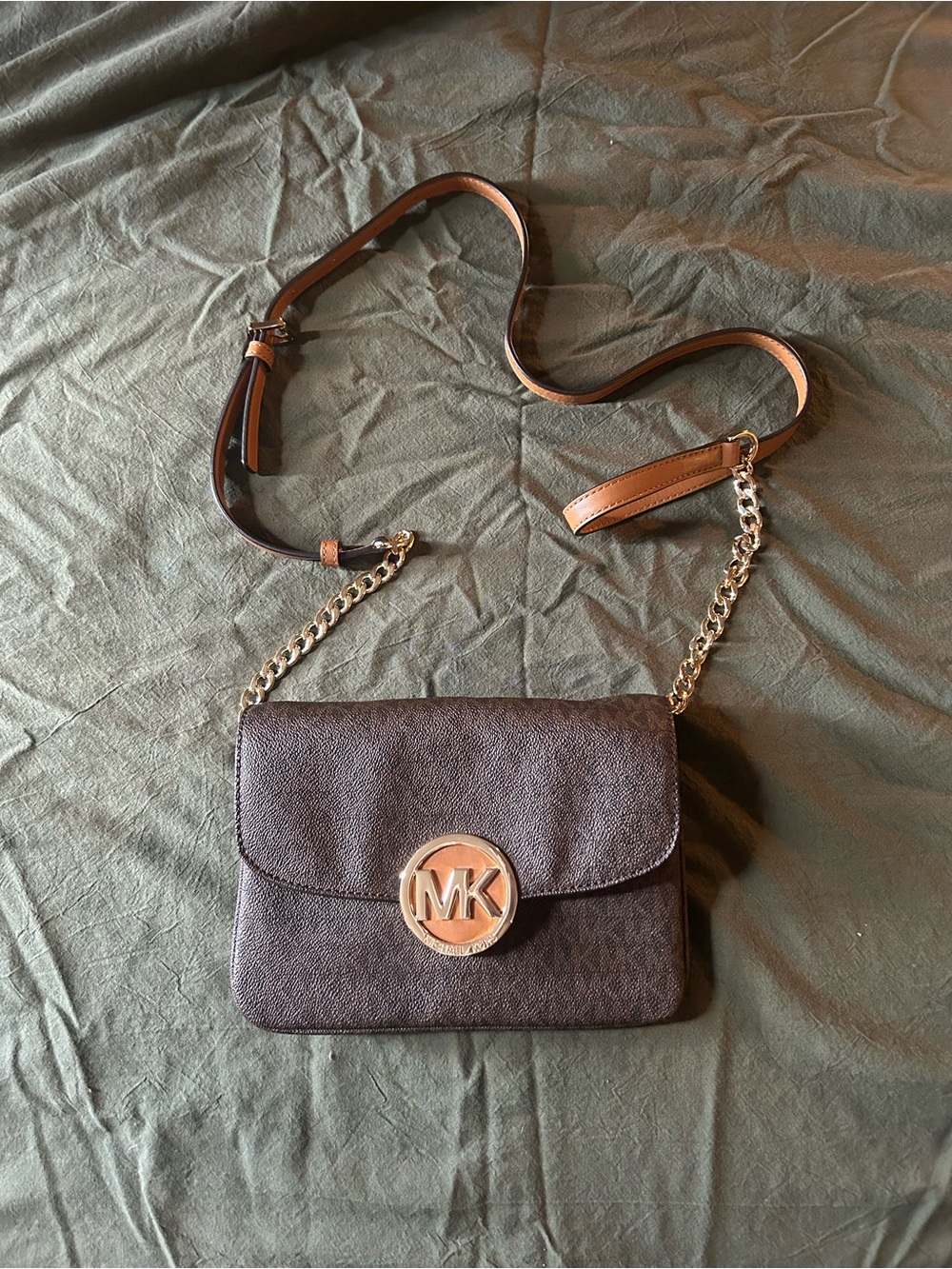 Michael Kors Brown Crossbody with Gold MK Medallion